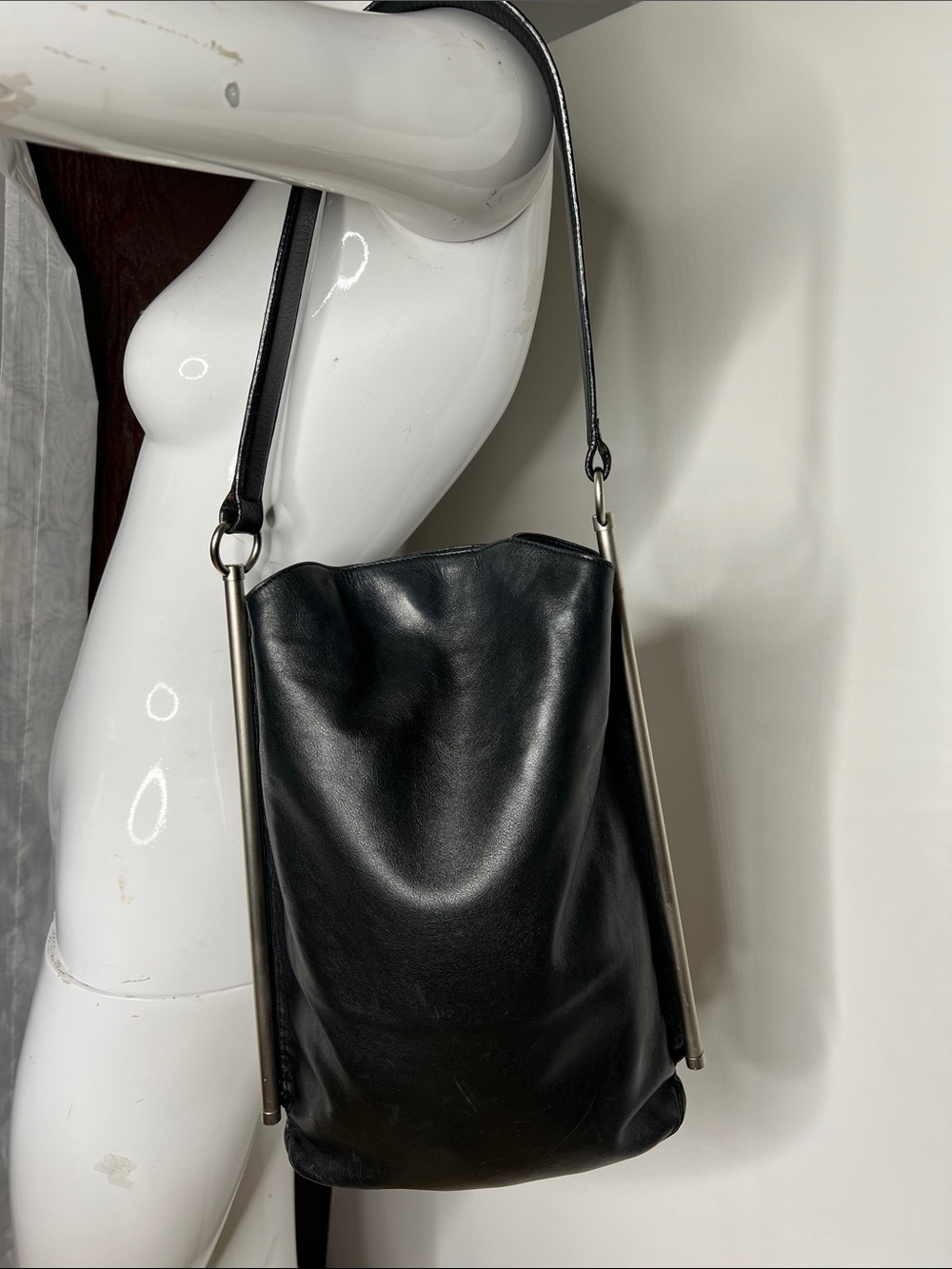 Casa Lopez Geometric Leather Matte Metal Side Full Length Posts Shoulder Bag